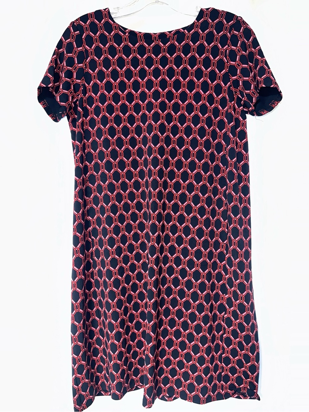 J. Jill Navy Dress with Coral & Pink Chain-Link Print
